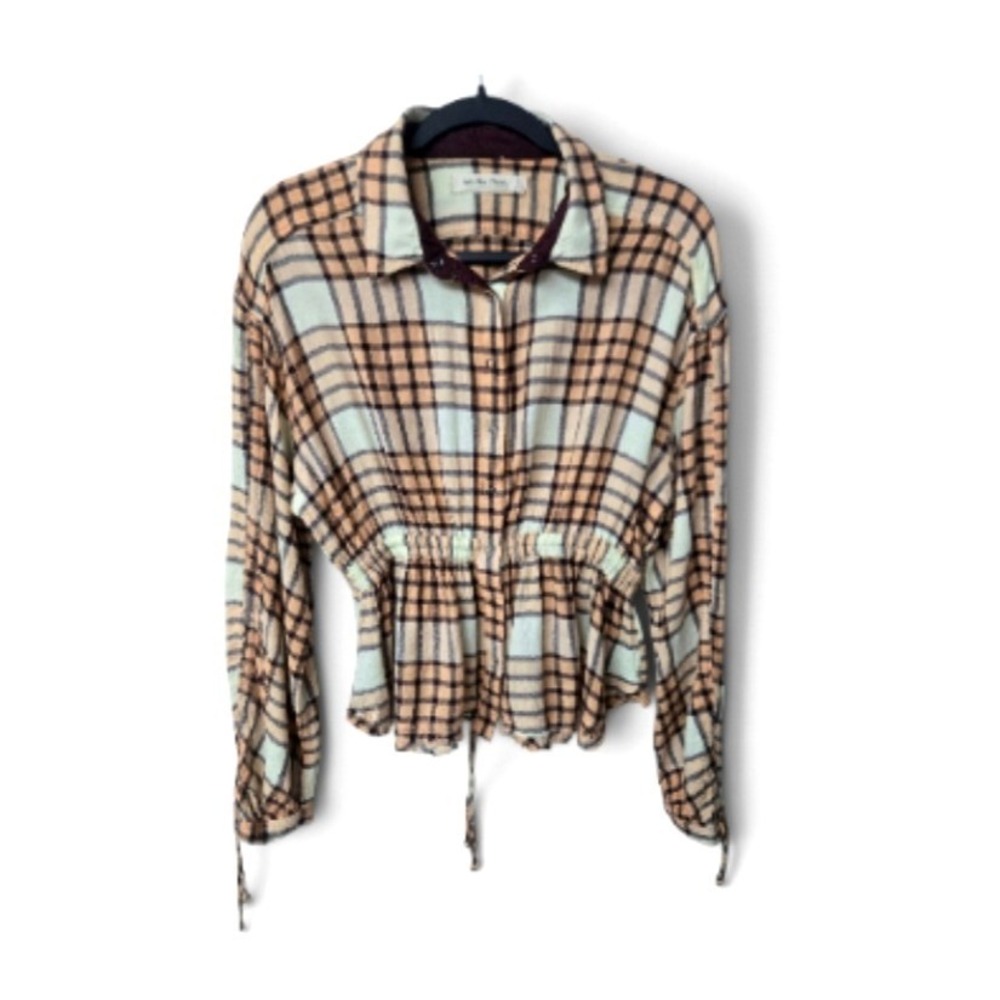 Free People We The Free Pacific Dawn Plaid Flannel Shirt Sz S  Boho Drawstring